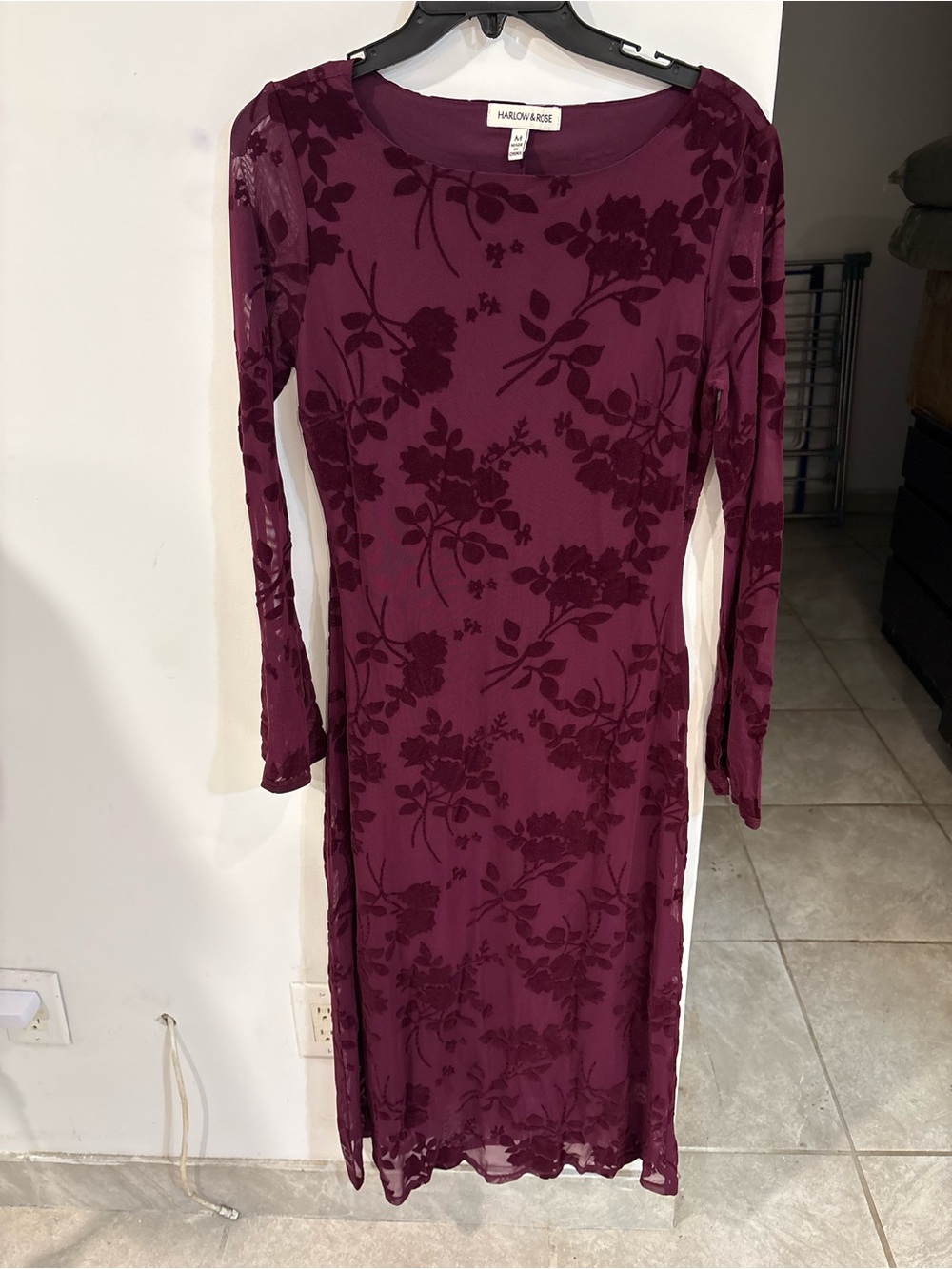 Harlow & Rose Women's Long-Sleeve Floral Mesh Dress in Burgundy